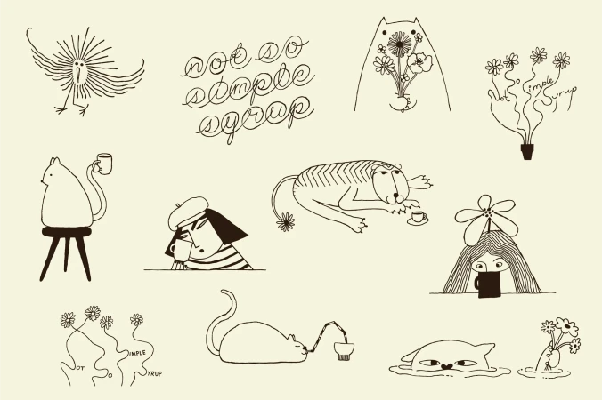Whimsical illustration featuring stylized animals including cats, a tiger, and a mouse all drinking from cups, rendered in a monochrome palette.