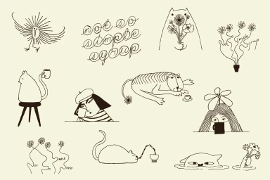 Collection of whimsical line illustrations including cats, flowers, and typography on a cream background.