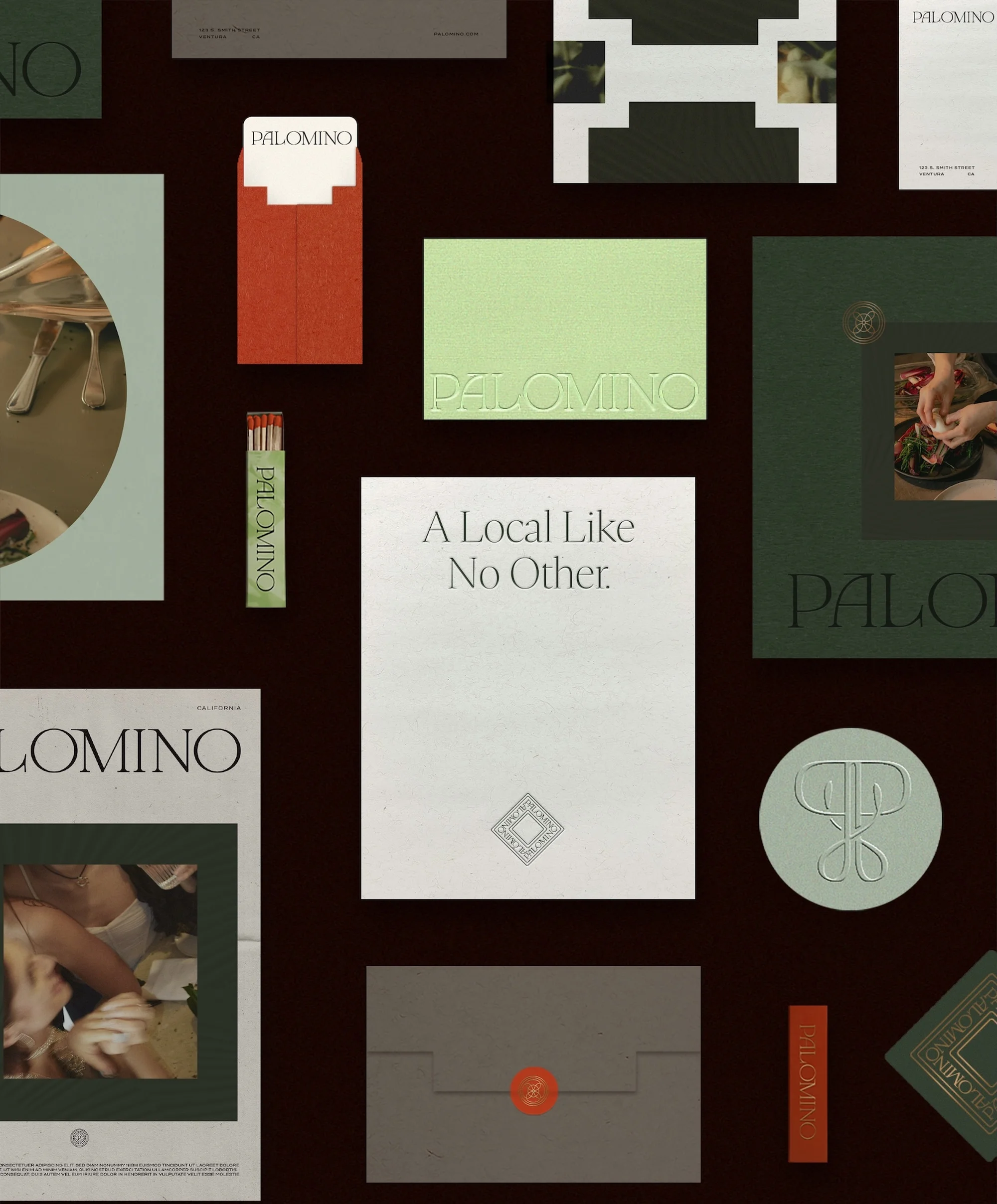 Promotional materials with the Palomino logo, featuring cards, envelopes, and matchboxes, arranged on a flat surface, showcasing neutral colors.