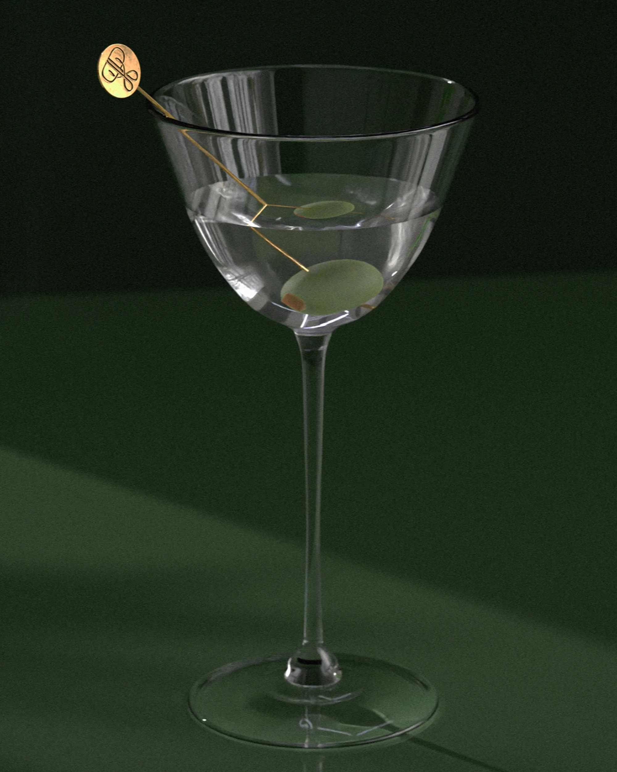 Elegant martini glass with clear liquid, olive garnish, and gold cocktail pick, set against a dark green backdrop with soft shadows.