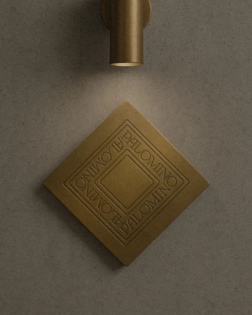 Close-up of a bronze wall sconce illuminating an engraved square tile on a textured gray wall, creating a warm, inviting ambiance.
