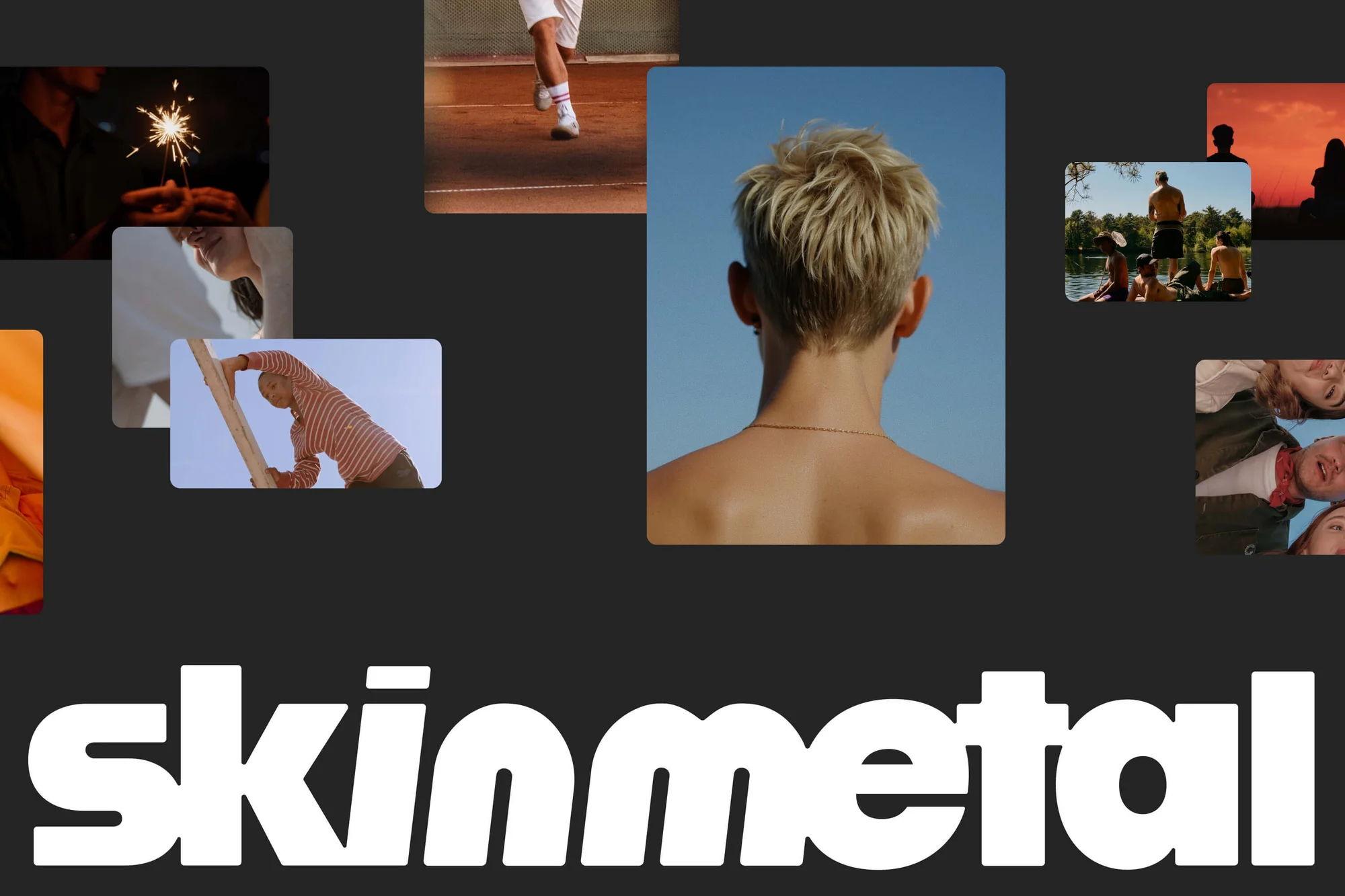 Montage of various photos, including people, landscapes, and close-ups, set against a dark background with 'skinmetal' in white text.