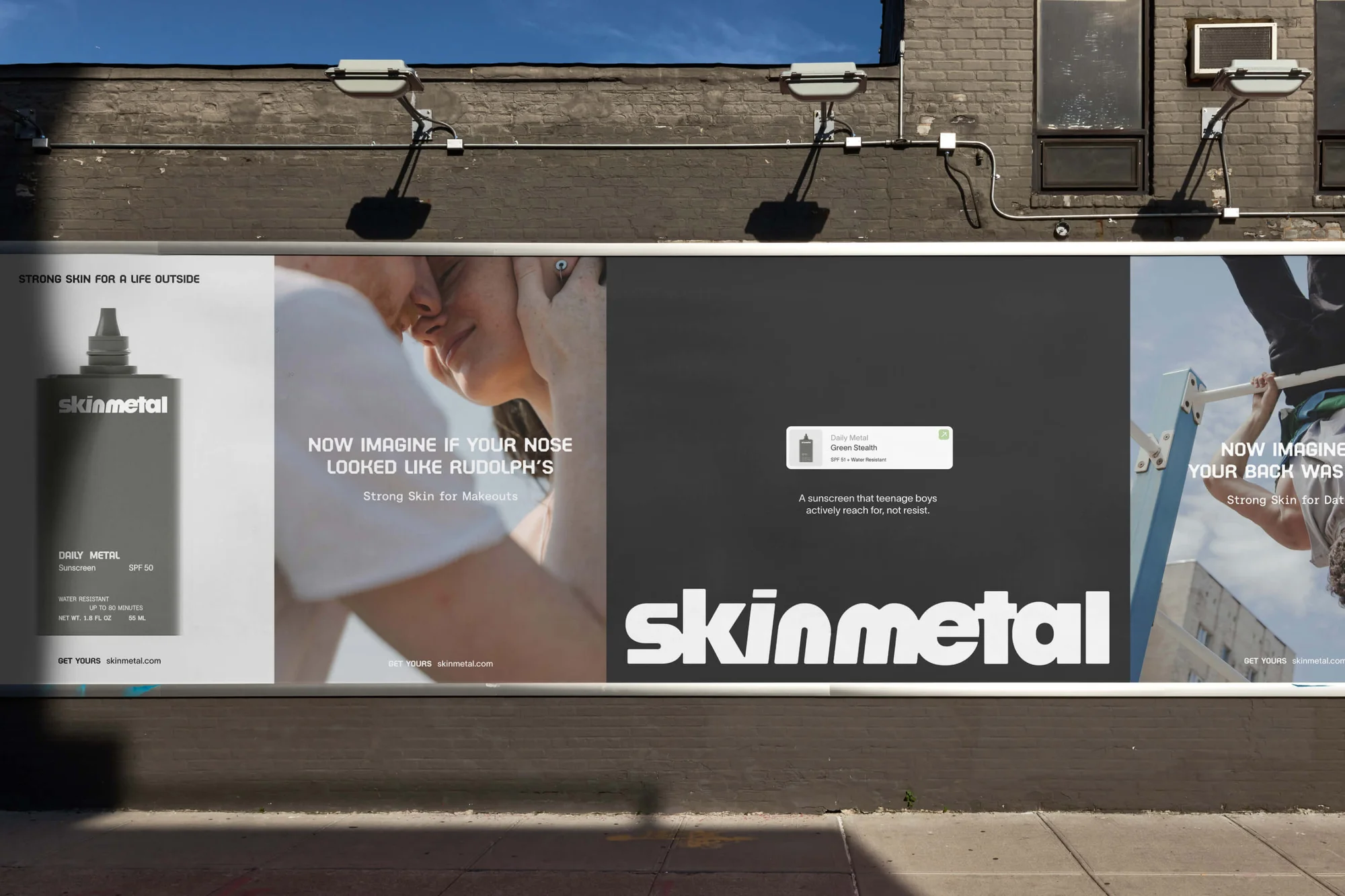 Billboard advertisement featuring sunscreen product for men. Man and woman, and athlete pulling up on a bar are shown on the advertisement.