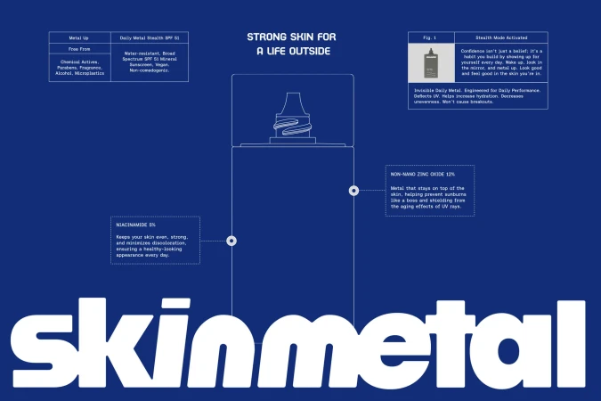 Conceptual blueprint-style illustration of a skincare product bottle with product information and ingredients against a blue background.