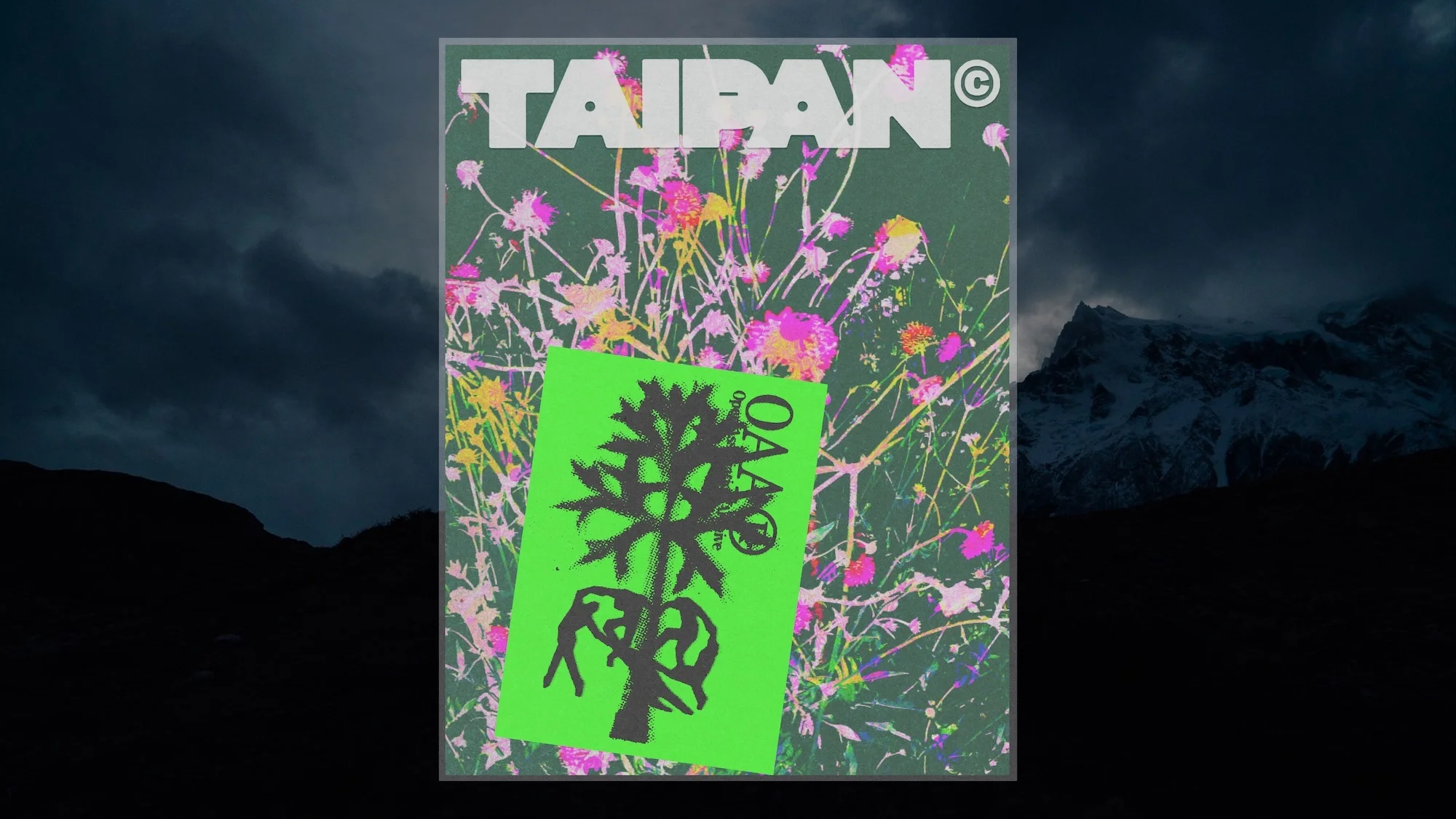 A digitally-manipulated magazine cover with a flower and tree graphic, set against a blurry mountain landscape under a cloudy sky.