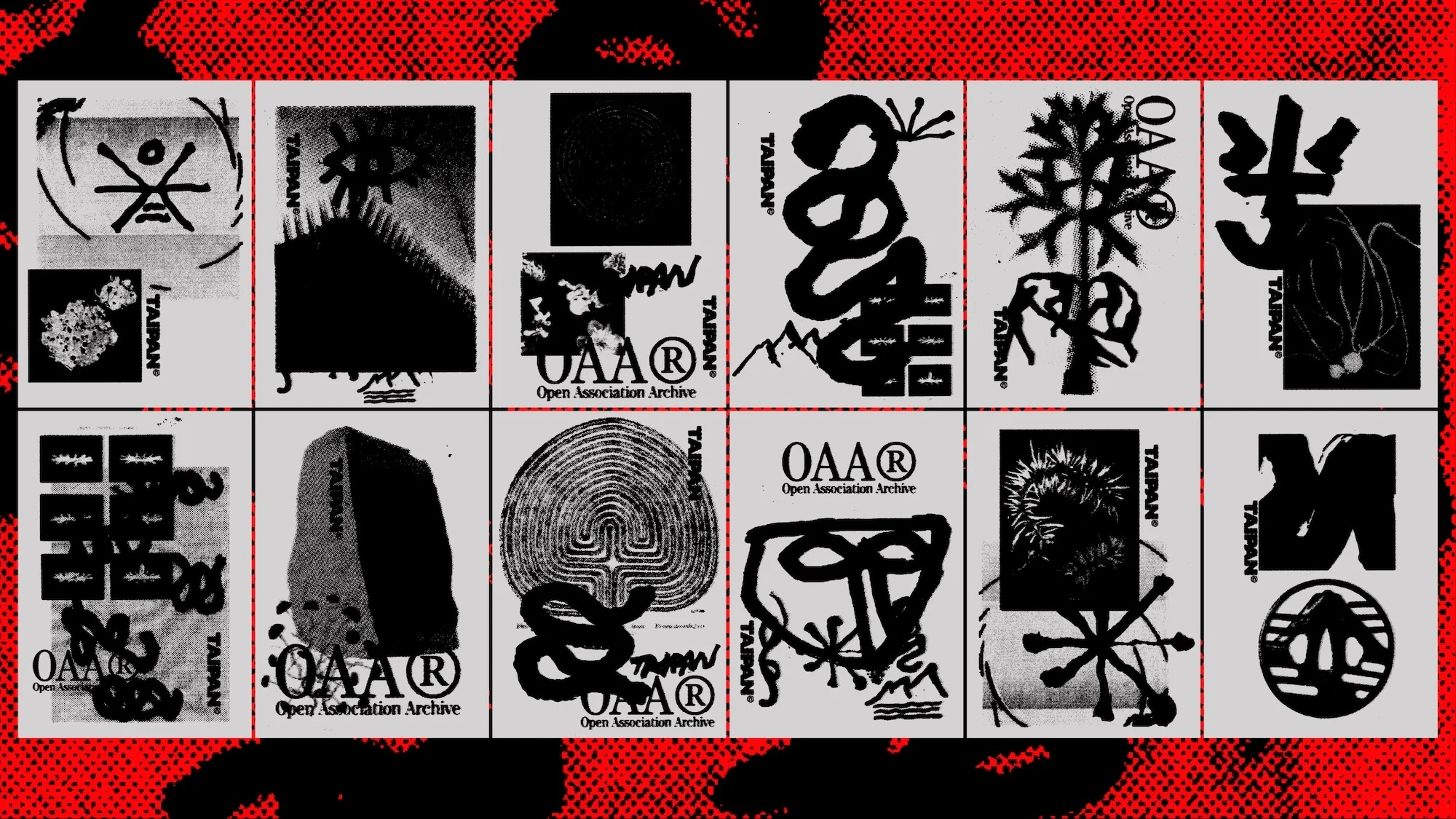 Monochromatic collage on gray background, with geometric and organic shapes, brushstrokes, and typographic elements. Red speckled overlay.