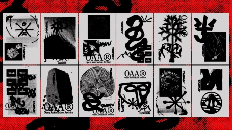 Grid of twelve black and white graphic posters featuring abstract symbols and the Taipan brand name on a red patterned background