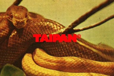 Vintage styled photographic image of a brown snake with visible scales overlaid with bold red Taipan branding and a copyright symbol.