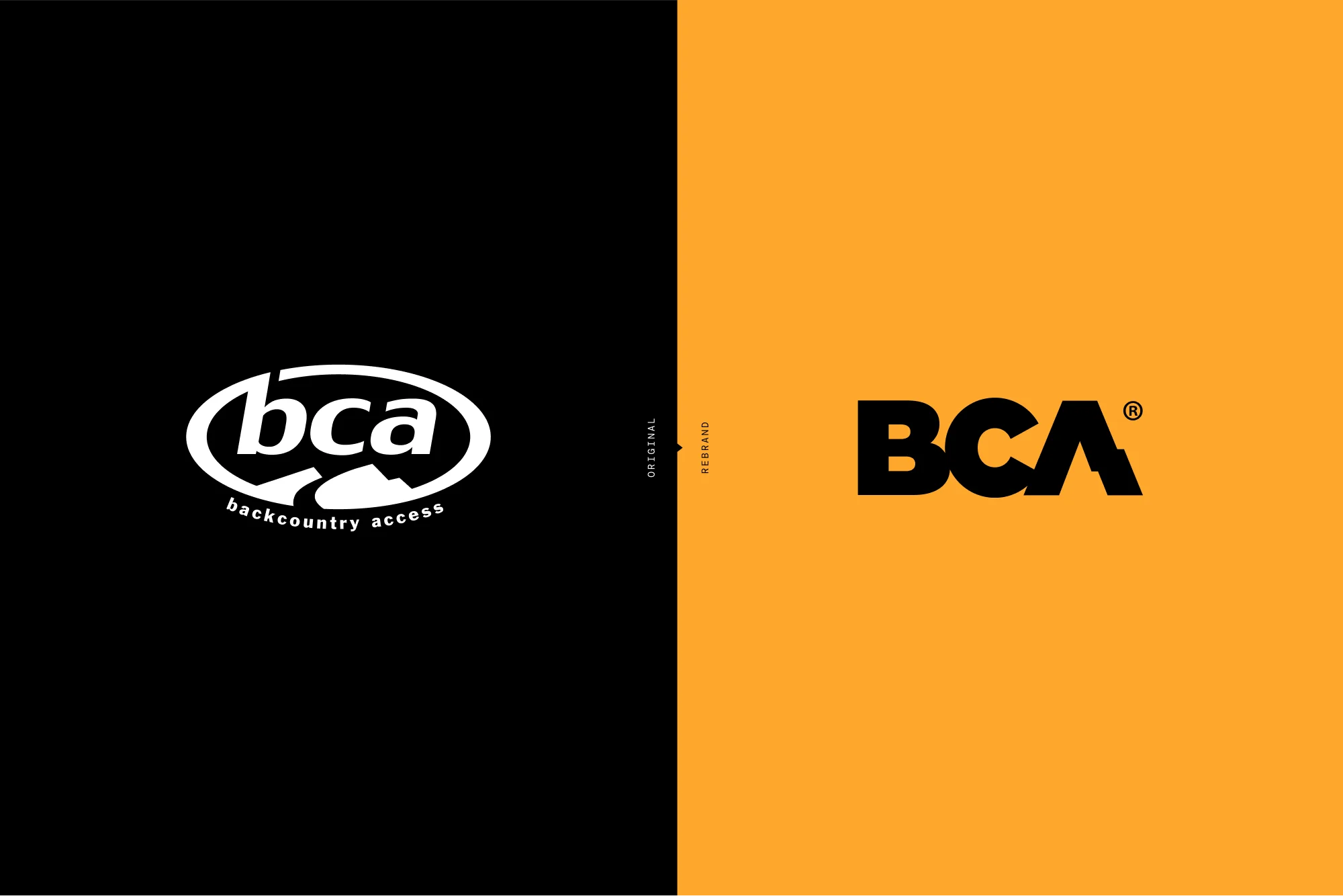 Split screen featuring the original and rebranded logos of BCA, set against black and yellow backgrounds, respectively.