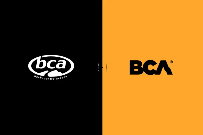 Split screen featuring the original and rebranded logos of BCA, set against black and yellow backgrounds, respectively.