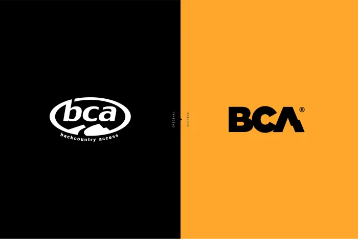 Split view graphic design showcasing BCA brand logo redesign with original white logo on black and new black logo on yellow.