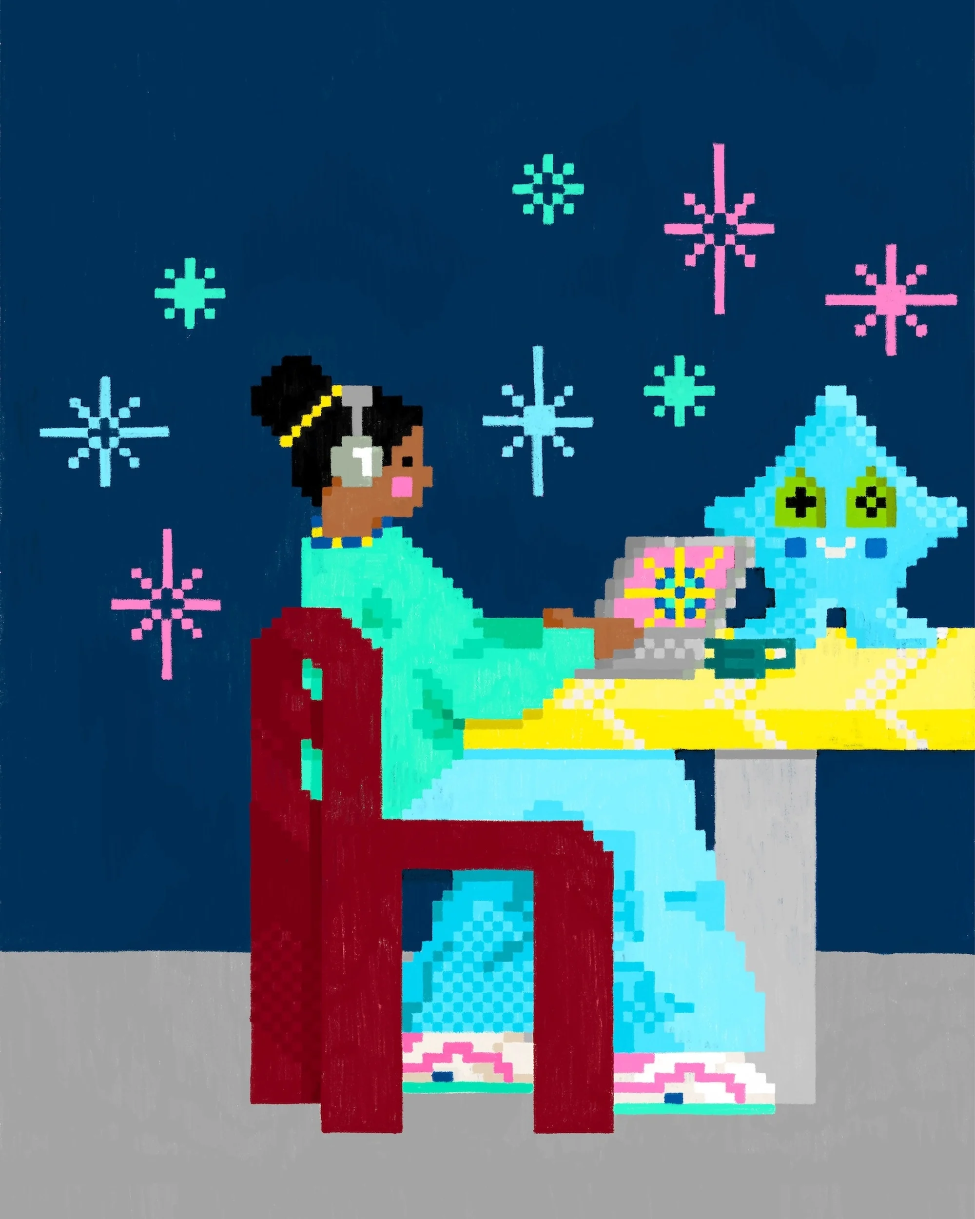 Illustration of a young woman with headphones using a laptop at a table, accompanied by a pixelated star character against a dark blue background.