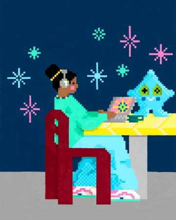 Illustration of a young woman with headphones using a laptop at a table, accompanied by a pixelated star character against a dark blue background.