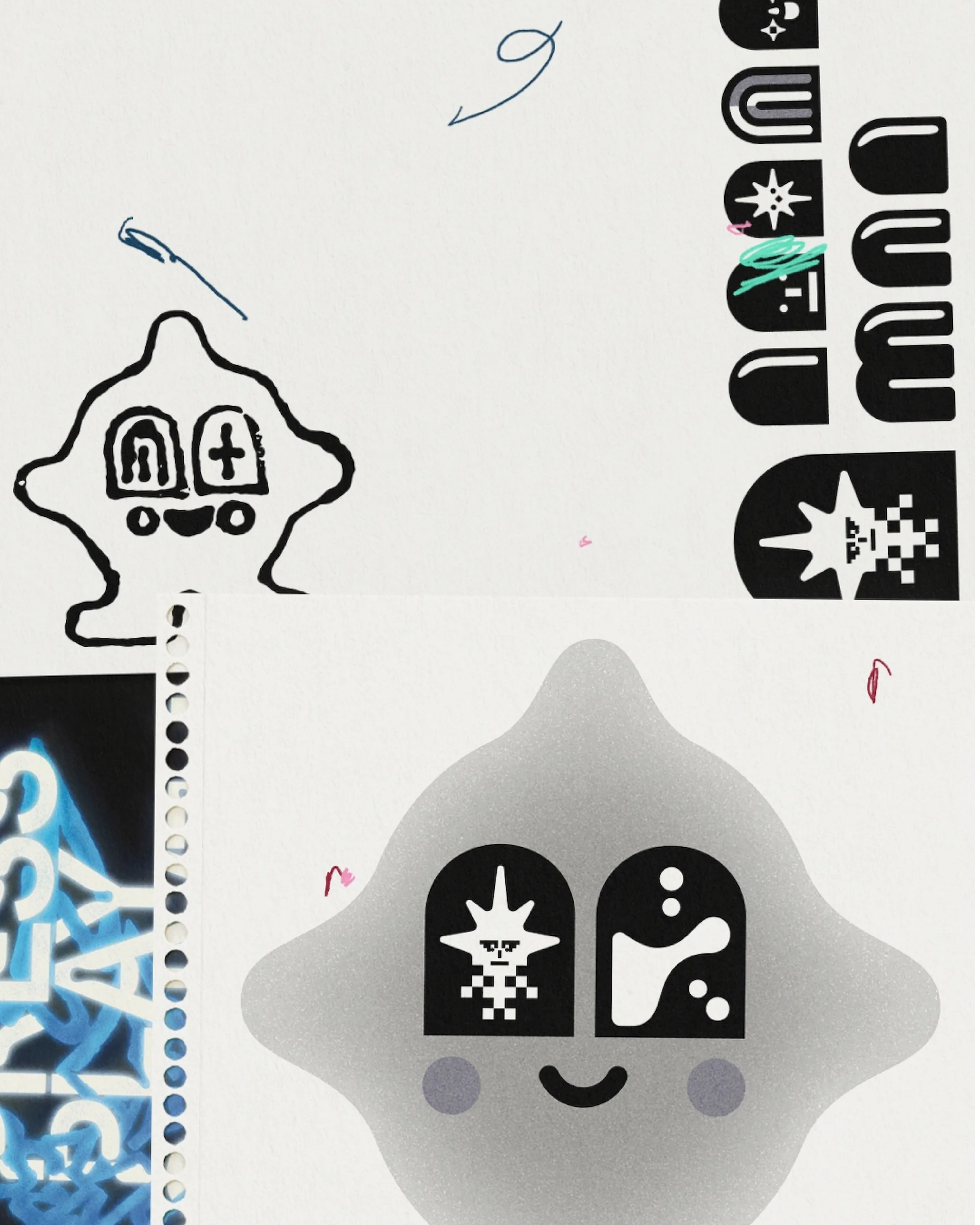 Digital art featuring a duo of cartoonish blob-like characters with expressive, digitally stylized faces on a white background.