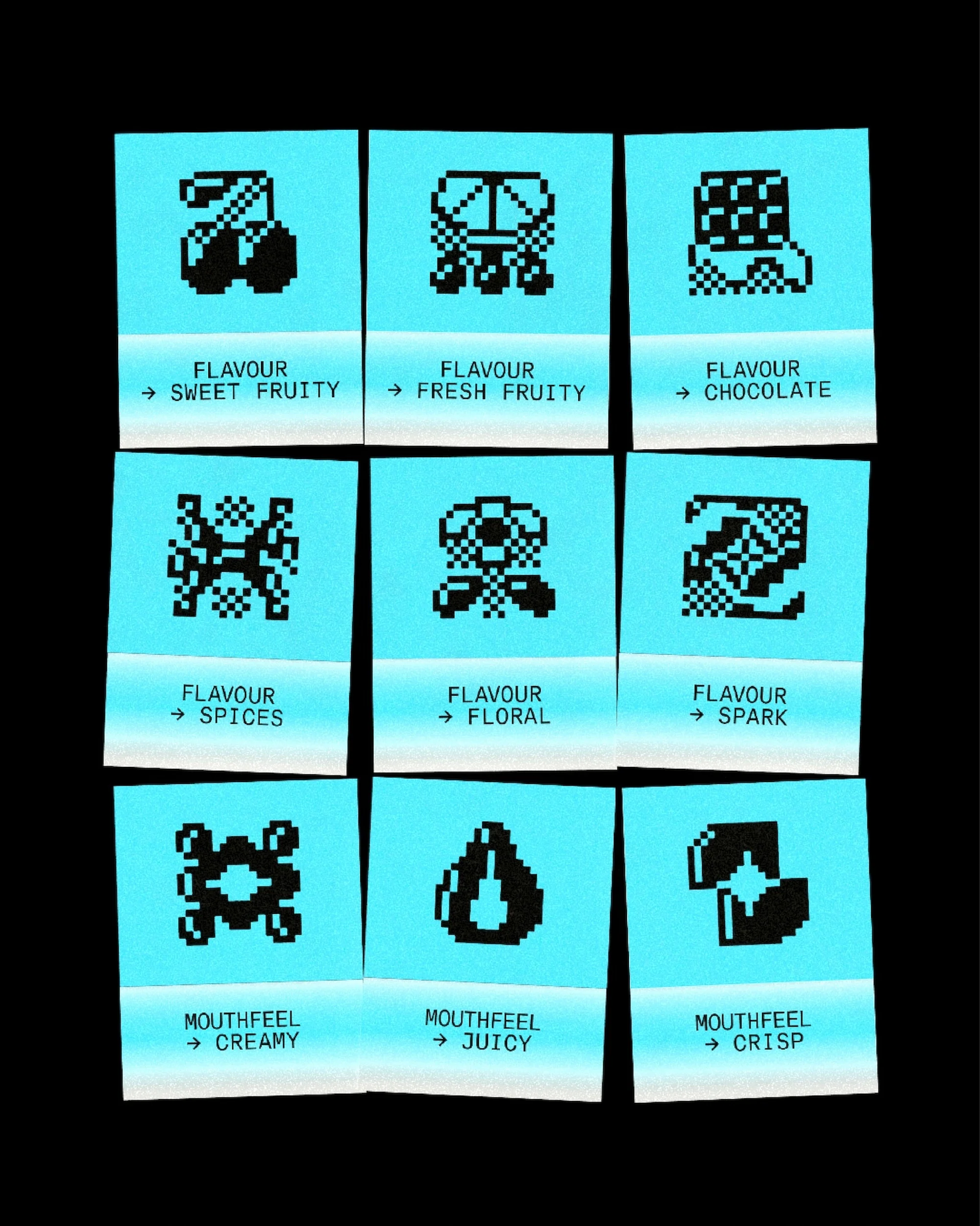 Nine graphic square designs show sweet fruity, fresh fruity, chocolate, spices, floral, spark, creamy, juicy, and crisp flavors/mouthfeels.