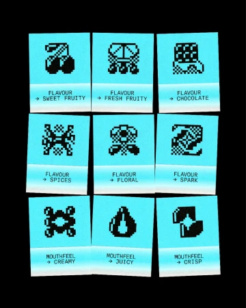 Nine graphic square designs show sweet fruity, fresh fruity, chocolate, spices, floral, spark, creamy, juicy, and crisp flavors/mouthfeels.