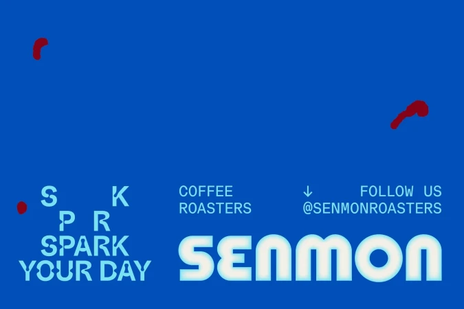 Graphic design advertisement for Senmon Coffee Roasters on a solid blue background with stylized text and brand messaging.
