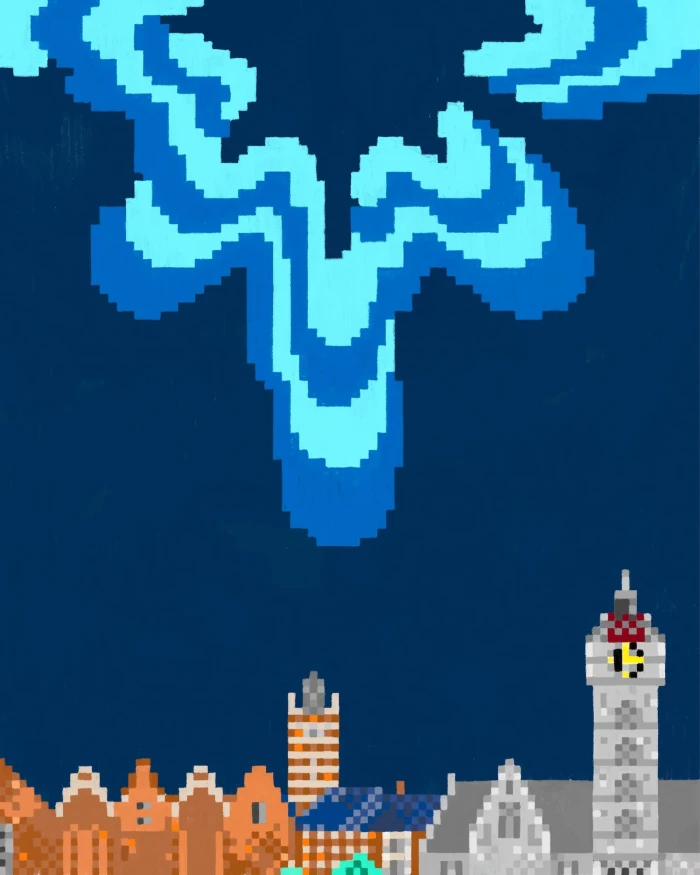 Pixel art illustration of a nighttime cityscape beneath blue glowing clouds and a prominent clock tower