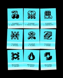 Grid of nine cyan cards displaying black pixel-art iconography and text labels against a dark background