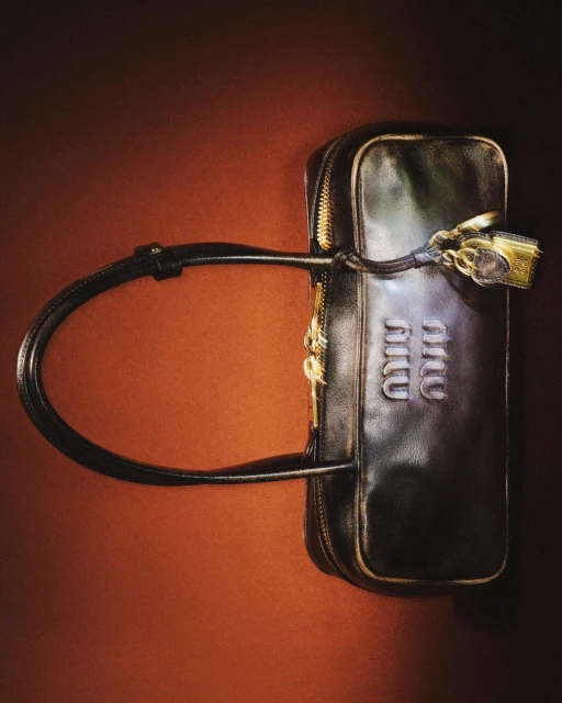 Black Miu Miu handbag with gold accents, featuring a top handle, zipper closure, and embossed logo on a brown background. Fashion.