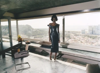Model wearing a structured dark off-the-shoulder dress standing inside a modern interior by a large panoramic window