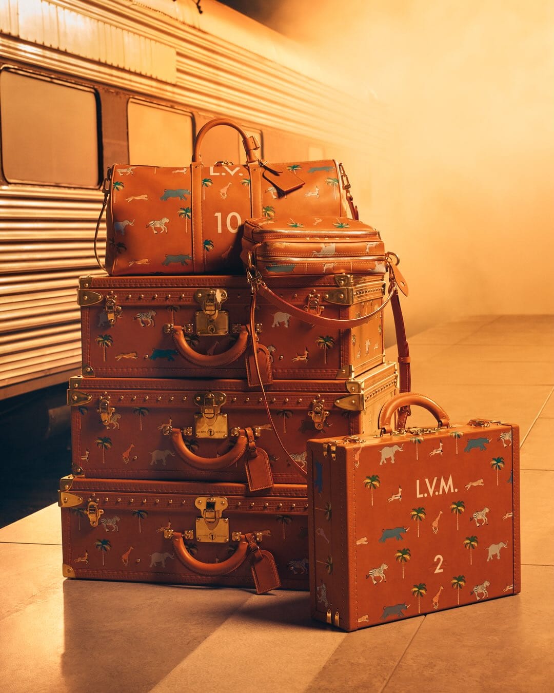 Arrangement of luggage bags with graphic animal patterns stacked in front of a passenger train with warm lighting and neutral background.
