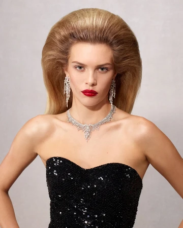 Model wearing a black sequin strapless dress and diamond jewellery against a neutral background