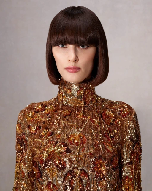 Woman with bob hairstyle and bangs wearing an embroidered high-neck dress in a studio with neutral backdrop, posing in portrait