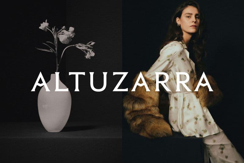 Fashion shot featuring a woman in patterned pajamas with fur cuffs next to flowers in a vase, separated by black and gray backgrounds.