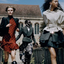 Three models walking outdoors in McQueen fashion apparel with a historic stone building in the background.