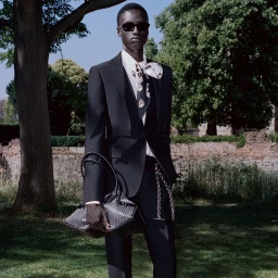 A man wearing a black suit and sunglasses holds a studded handbag in a park setting.