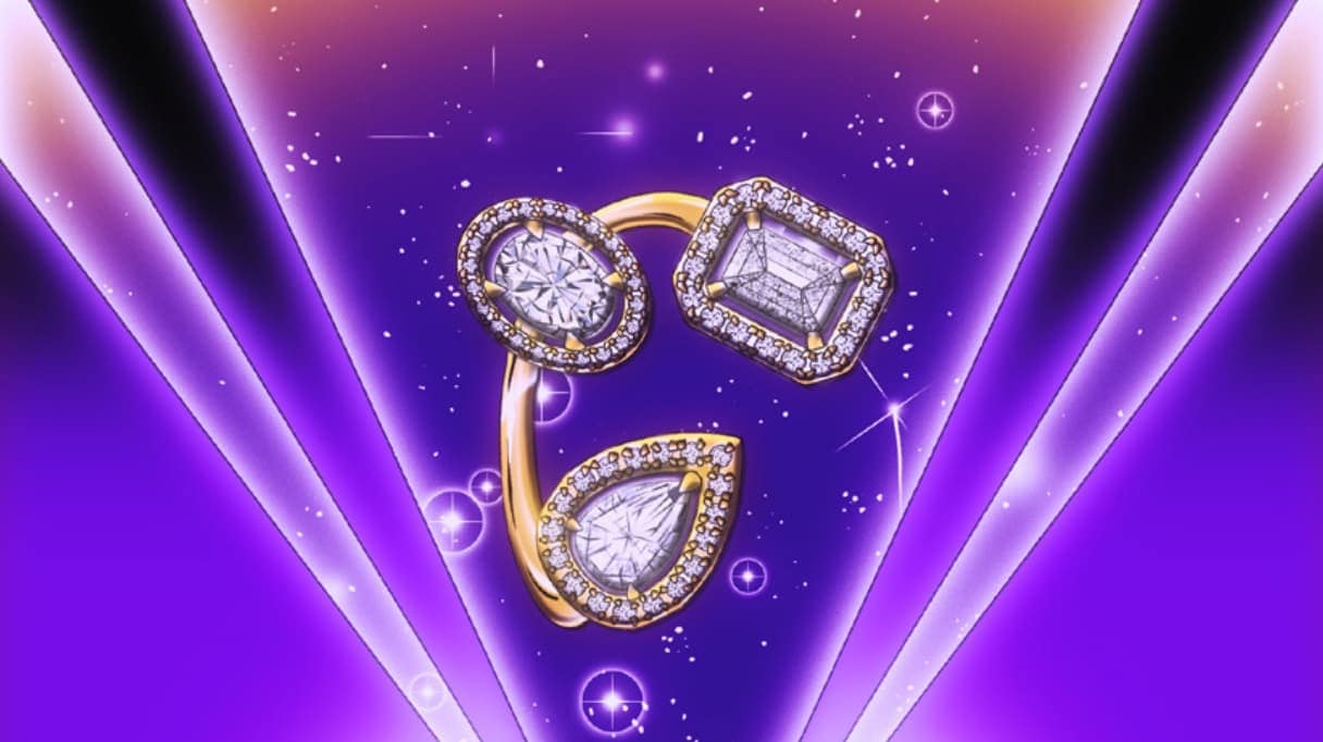 Elegant gold ring with diamond settings on a purple background with light beams. Jewelry advertisement, high-end fashion product shot.