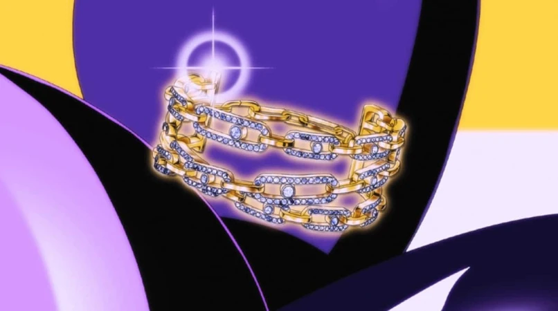 Gold chain bracelet encrusted with diamonds set against a vibrant purple and yellow abstract background.