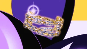 Gold chain bracelet encrusted with diamonds set against a vibrant purple and yellow abstract background.