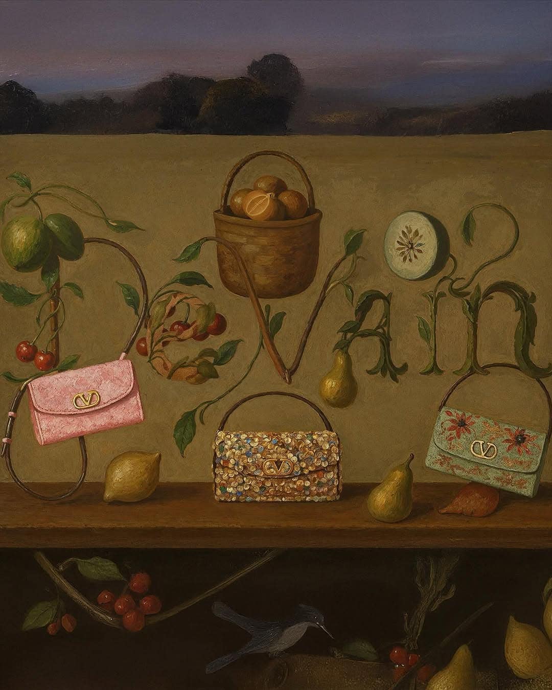 Still life oil painting of purses and fruits arranged to spell out the brand name, Valentino, set against a landscape backdrop.