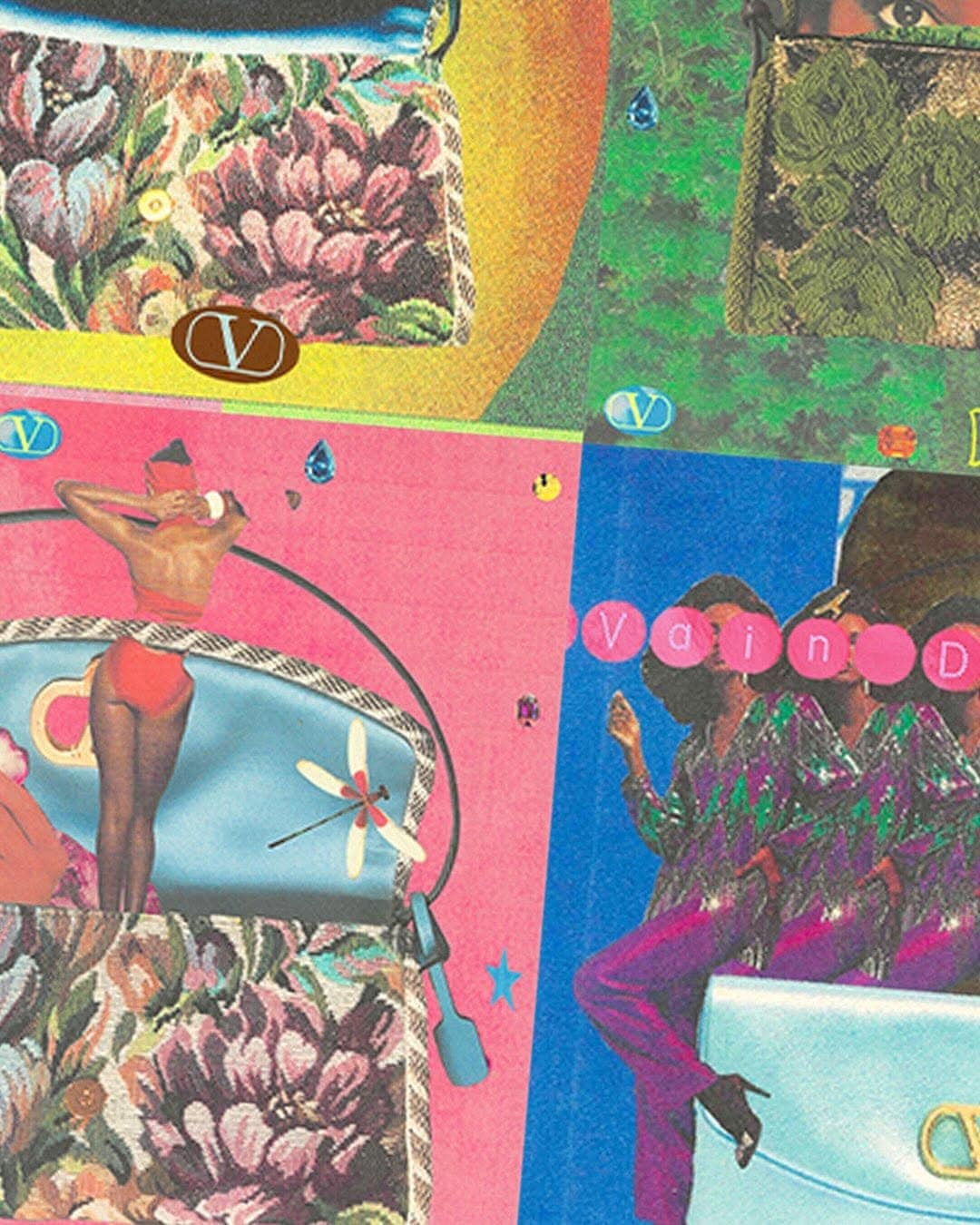Collage with vintage handbag illustrations, 1970s-inspired design, and Valentino logo accents. Bright color palette with retro textures.
