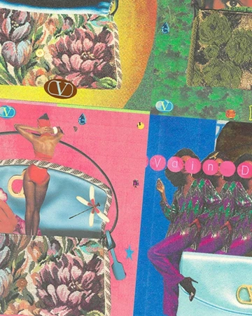 Collage with vintage handbag illustrations, 1970s-inspired design, and Valentino logo accents. Bright color palette with retro textures.