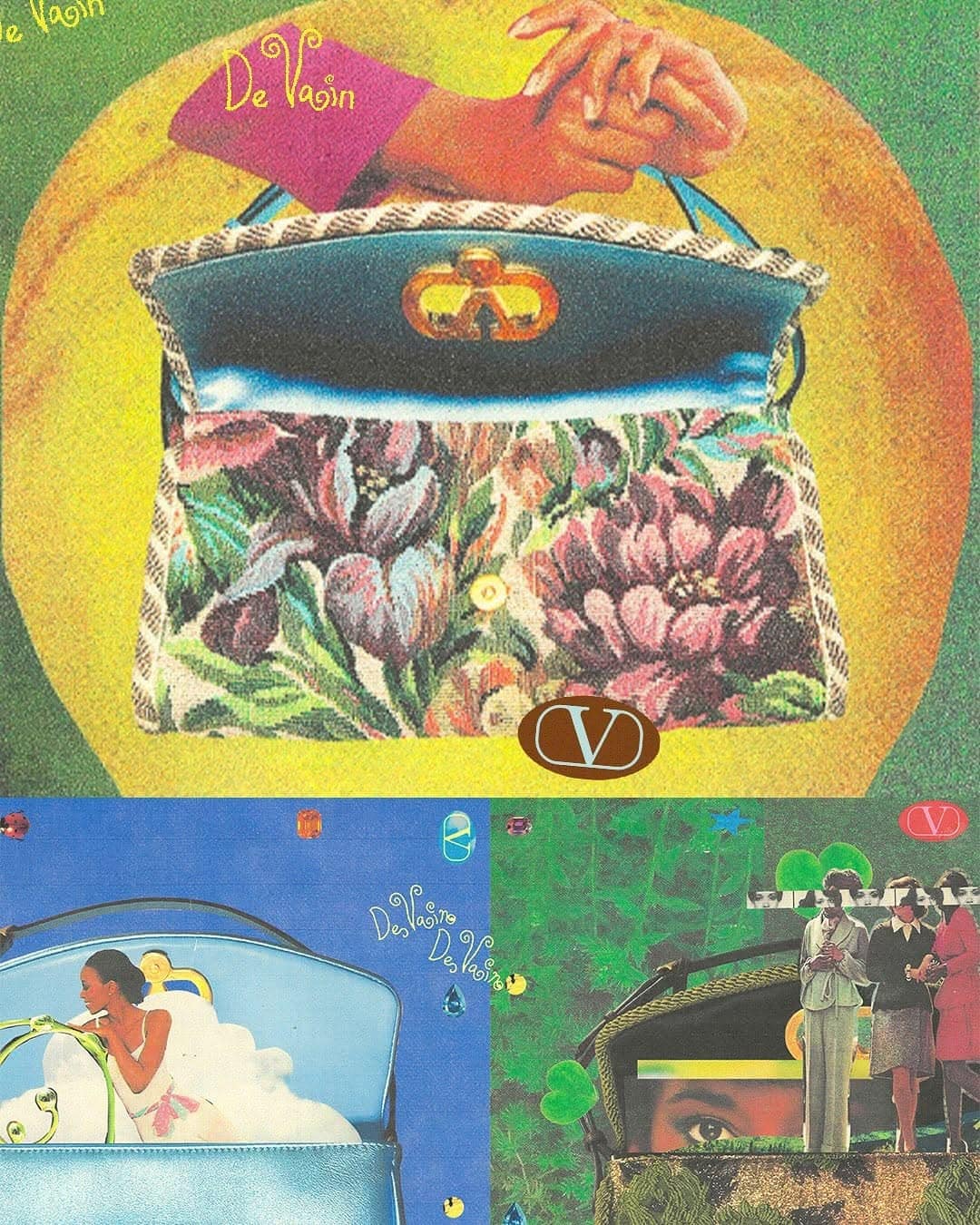 Floral purse with collage elements including vintage fashion and portrait in an advertisement. Beauty, fashion, and art elements.