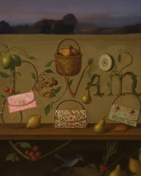 Still life painting of luxury handbags, fresh fruits, and foliage arranged on a shelf with a painted landscape horizon.