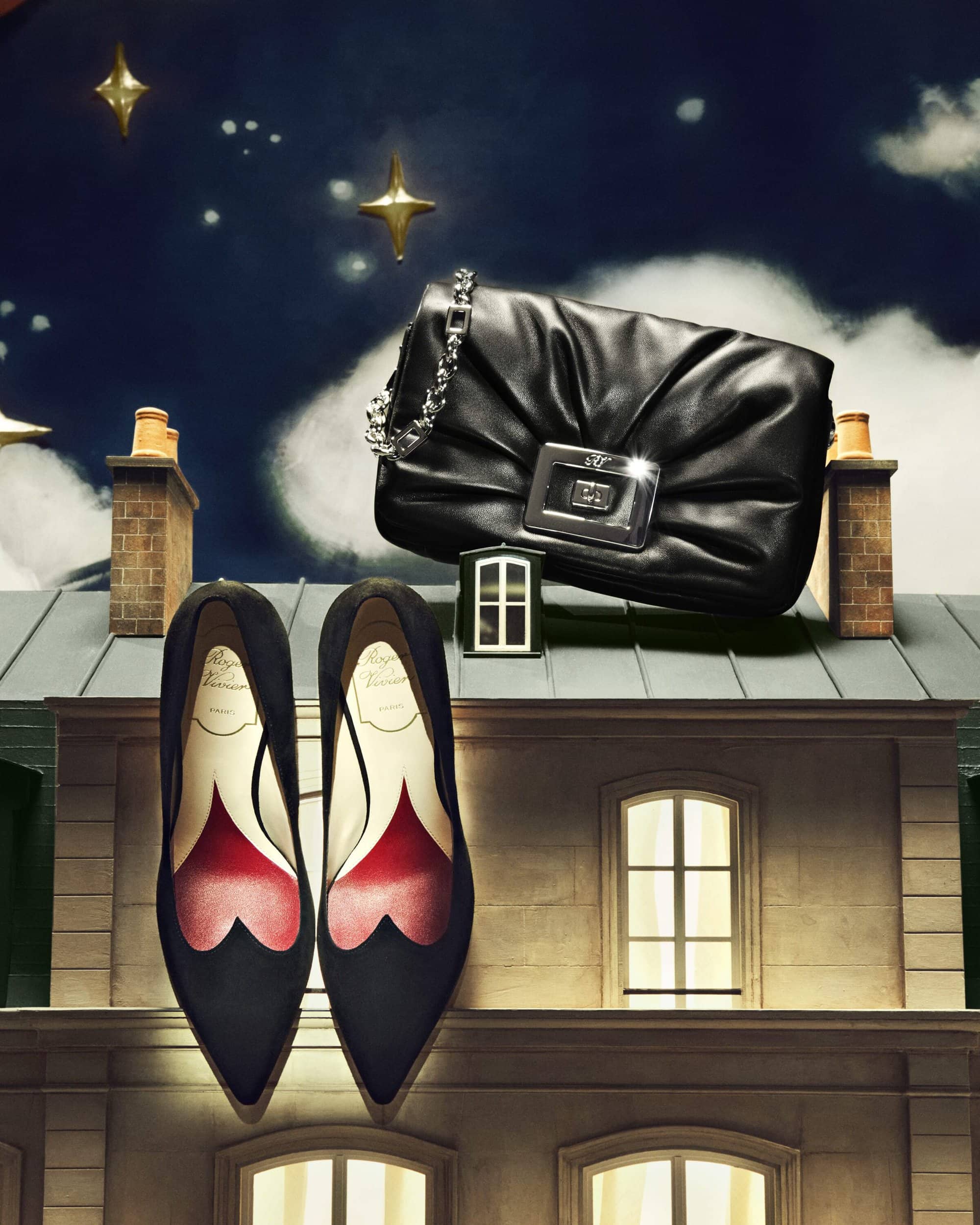 Elegant black leather handbag and high-heeled shoes displayed on a rooftop with a night sky backdrop and star accents.