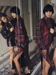 Model in a patterned long-sleeve dress and skirt reflected in a multi-pane grid mirror.