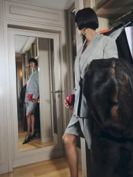 Model in a grey suit holding a red handbag standing in a mirrored walk-in closet for Balmain Holiday 2025 campaign.