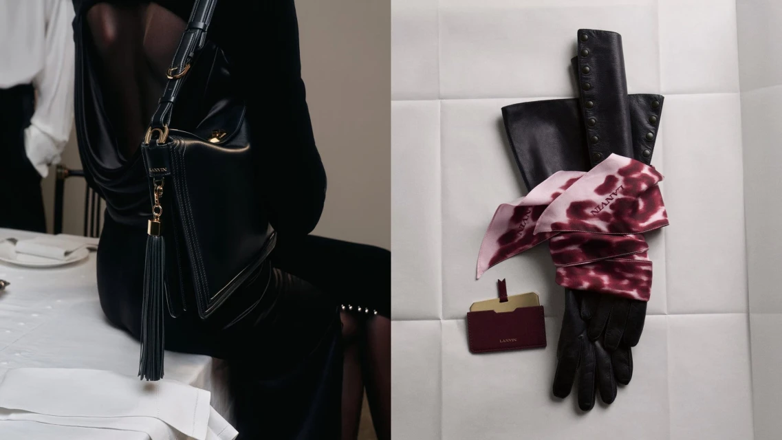 Elegant fashion shoot featuring a woman with a black leather handbag and luxury accessories, including gloves and a scarf, against a white backdrop.