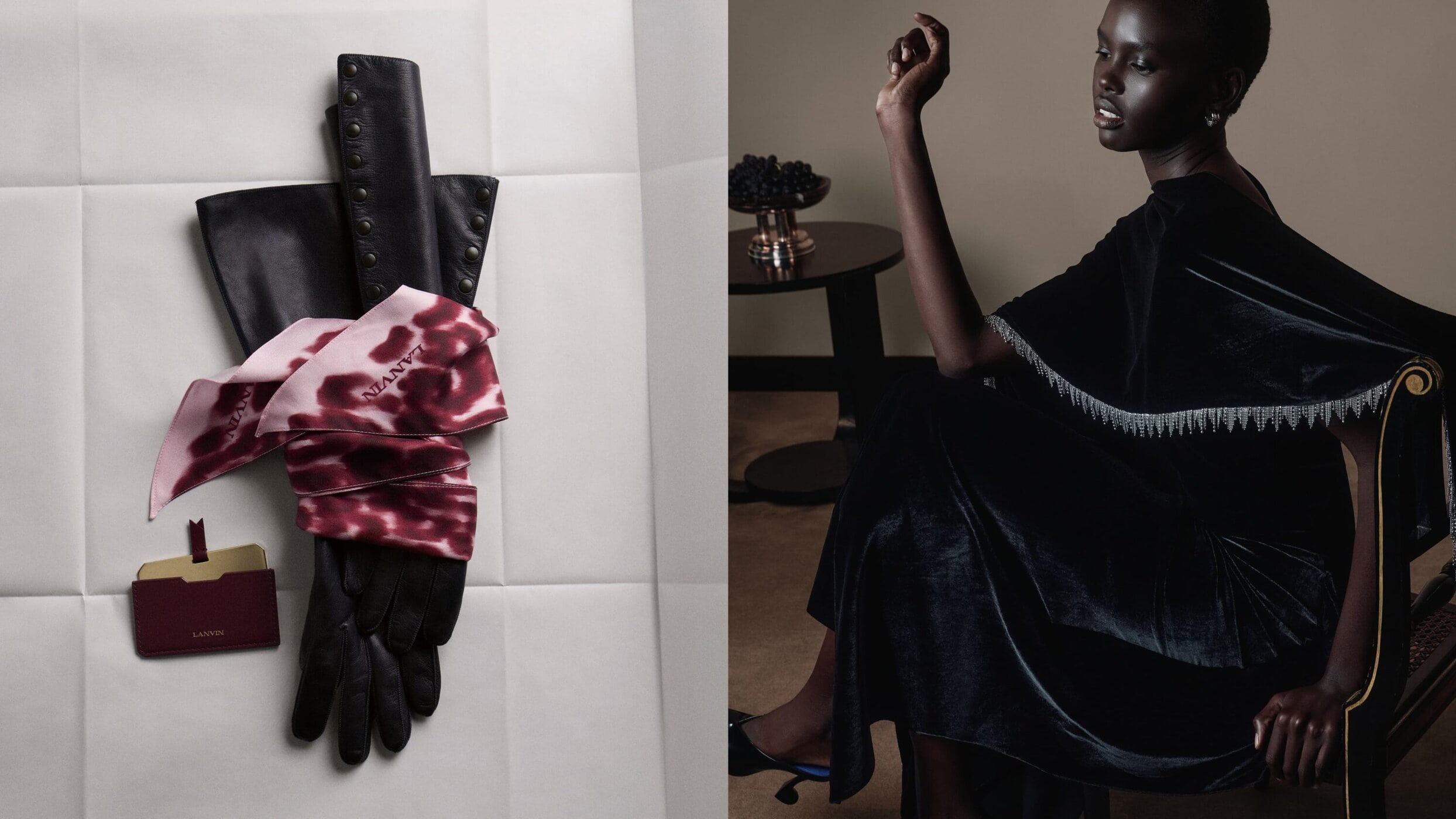 Fashion shot featuring an African American model in a black dress next to a pair of leather gloves and a patterned scarf.