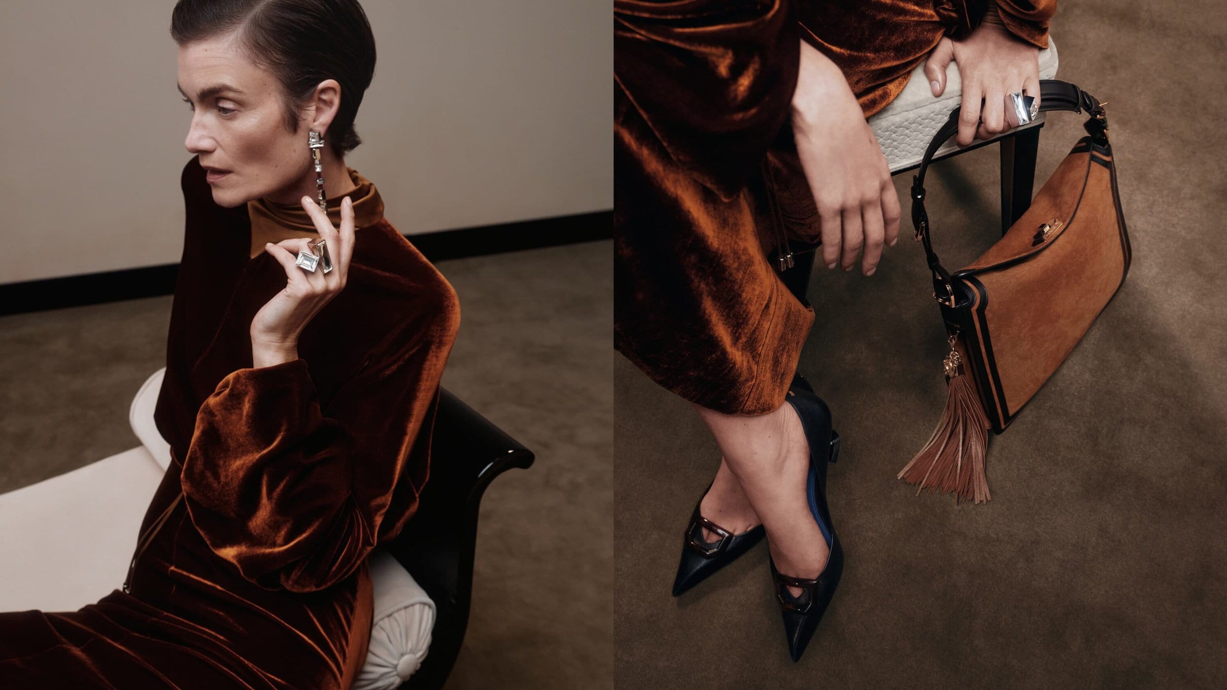 A sophisticated woman in a brown velvet dress poses with jewelry, seated next to a stylish brown leather handbag with tassel detail.