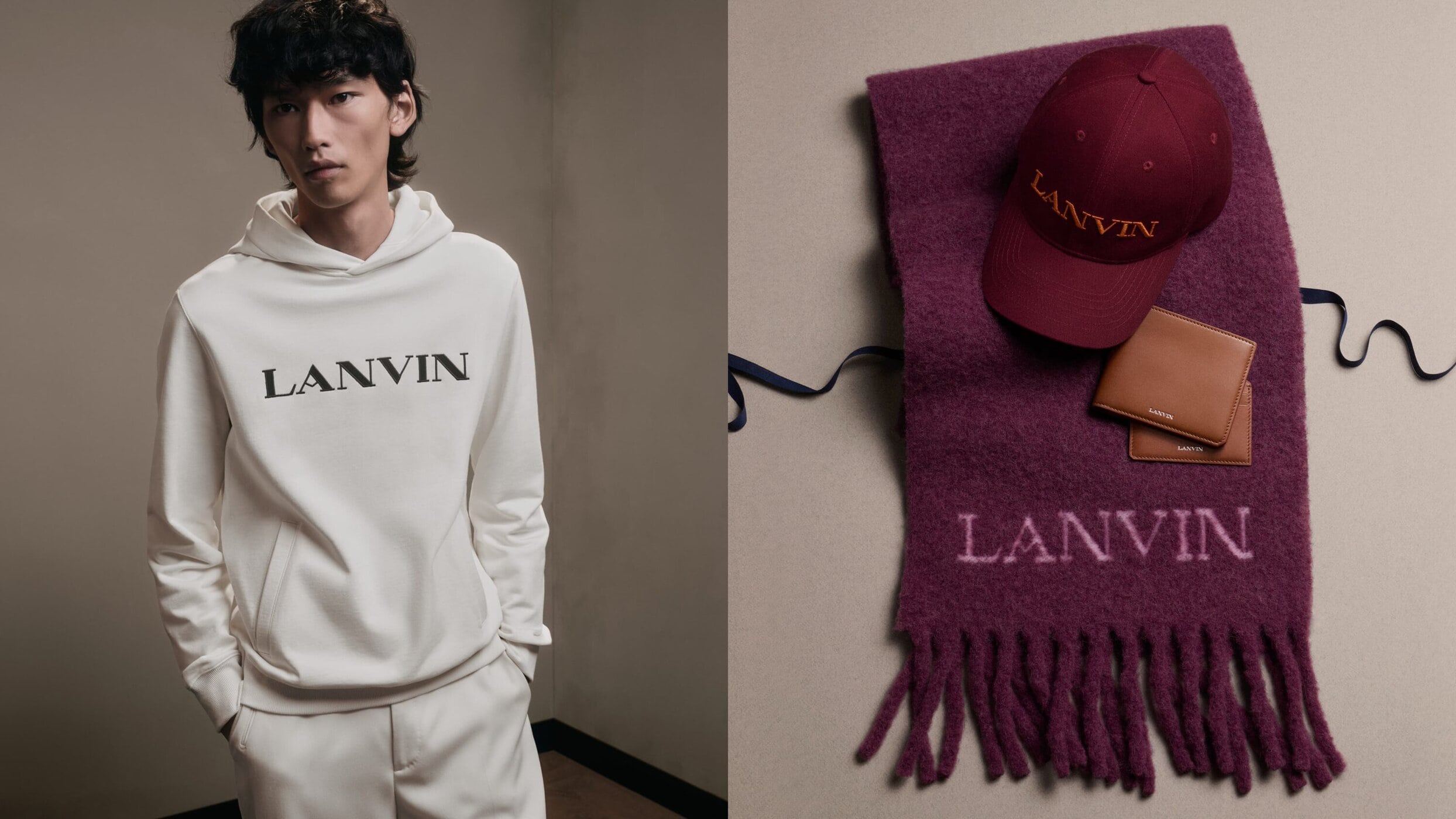 Fashion shot featuring a male model wearing a white Lanvin hoodie and sweatpants, next to a Lanvin scarf, wallet, and baseball cap.