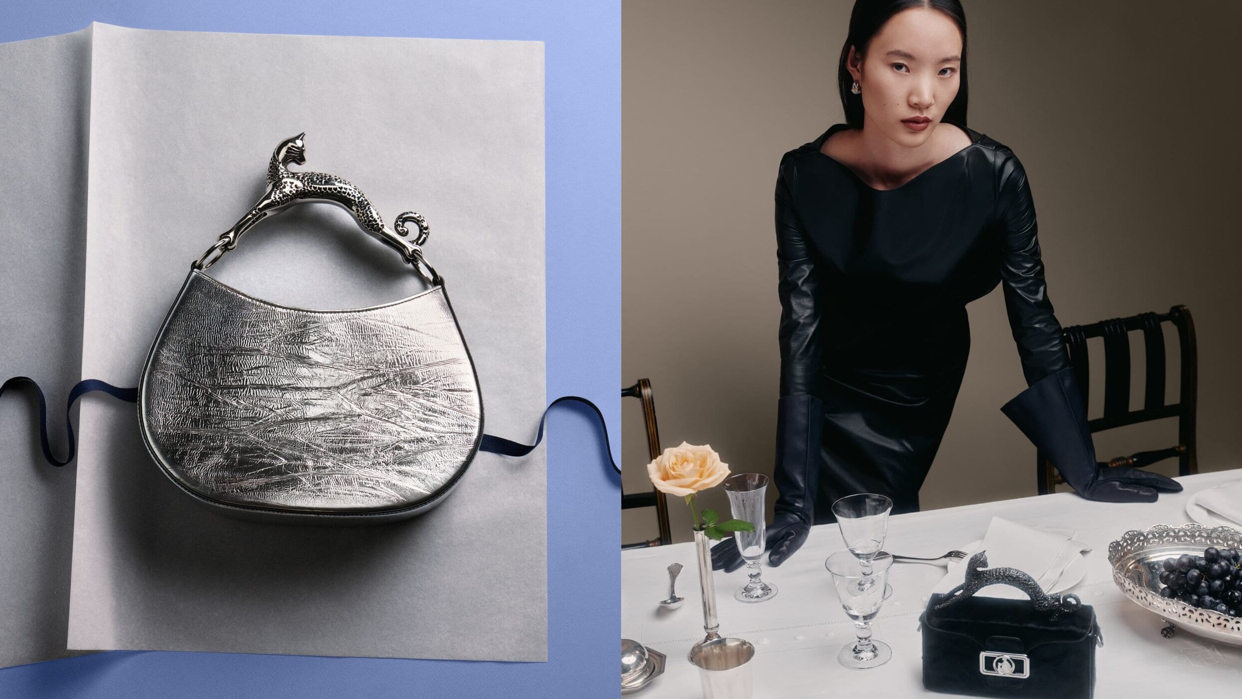 Silver leather shoulder bag with sculptural animal handle, woman in black dress at formal table setting, studio lit fashion shoot.