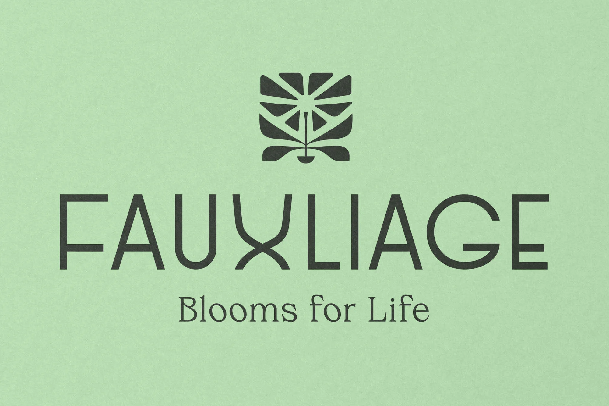 Fauxliage logo with plant illustration on light green textured background, featuring the brand name and slogan 'Blooms for Life'.