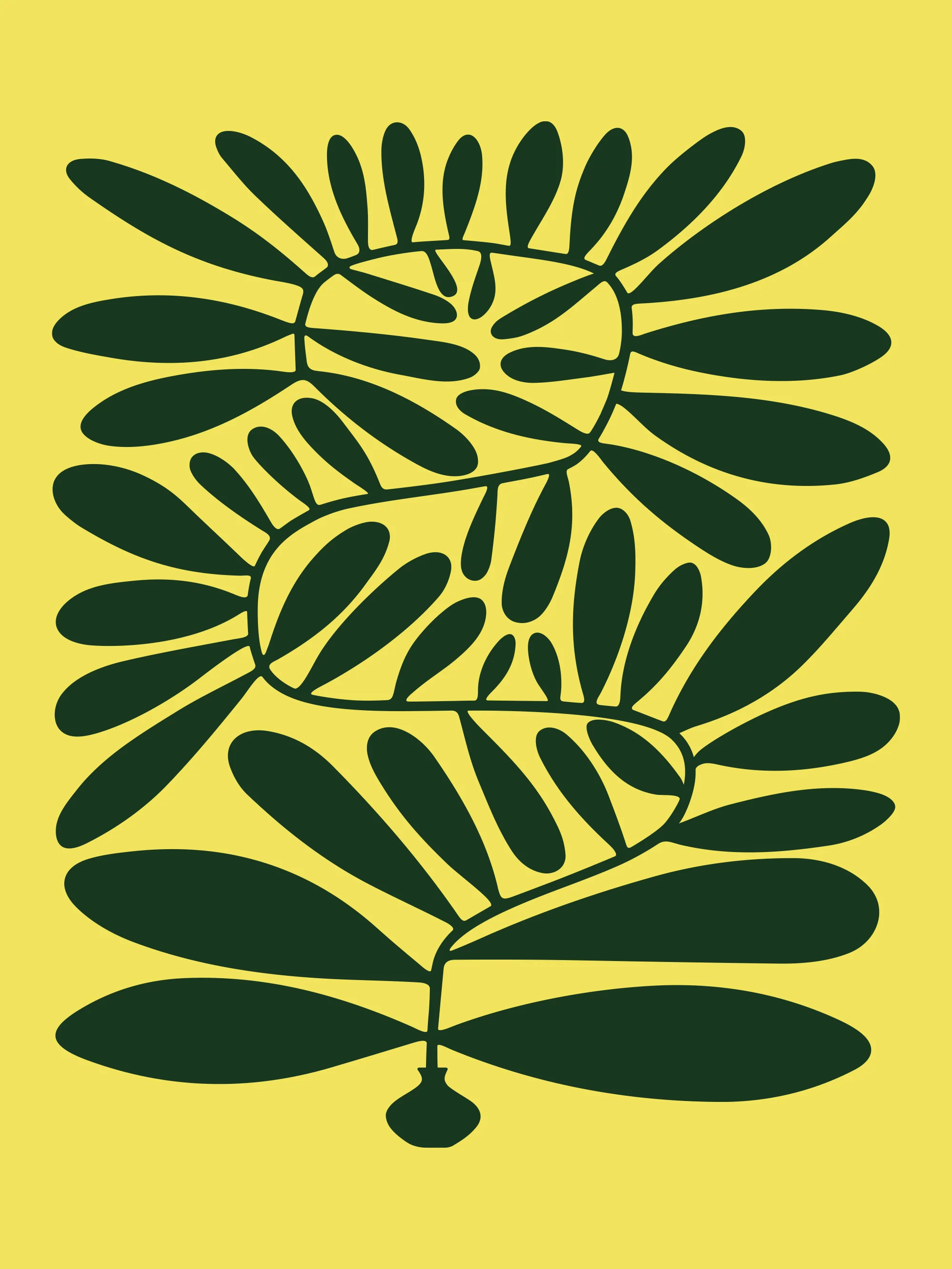 Illustration of a stylized, dark green leafy plant growing from a vase on a solid yellow background; graphic art, design.