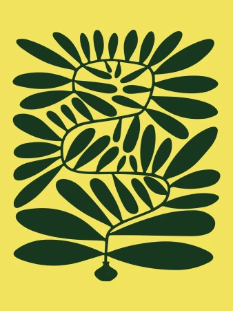 Illustration of a stylized, dark green leafy plant growing from a vase on a solid yellow background; graphic art, design.